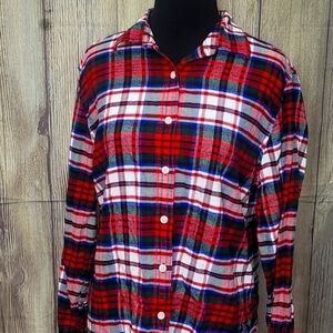 Girls Lands' End Classic Plaid 100% Cotton Flannel Button Down Red Green Sz 14